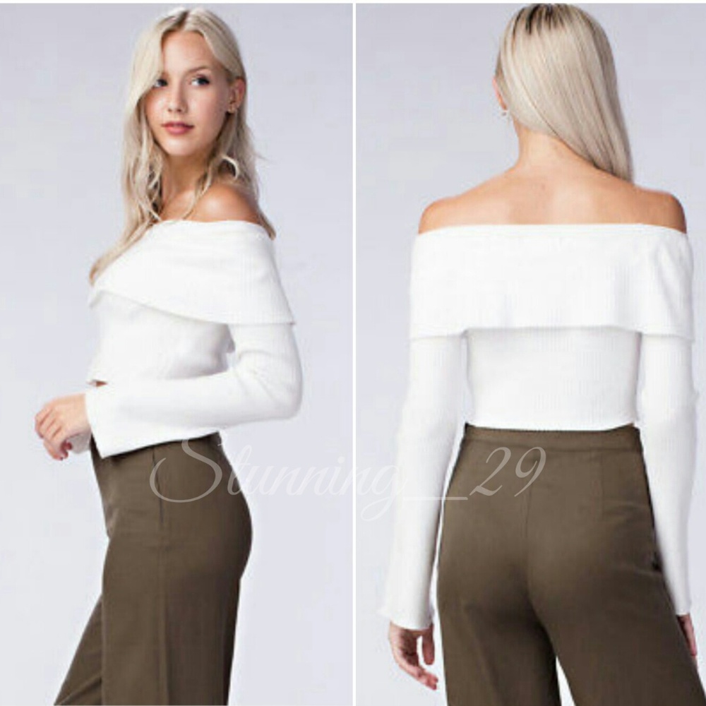 🆕️5☆ IVORY OFF SHOULDER  RIBBED RUFFLE KNIT TOP - Picture 3 of 3